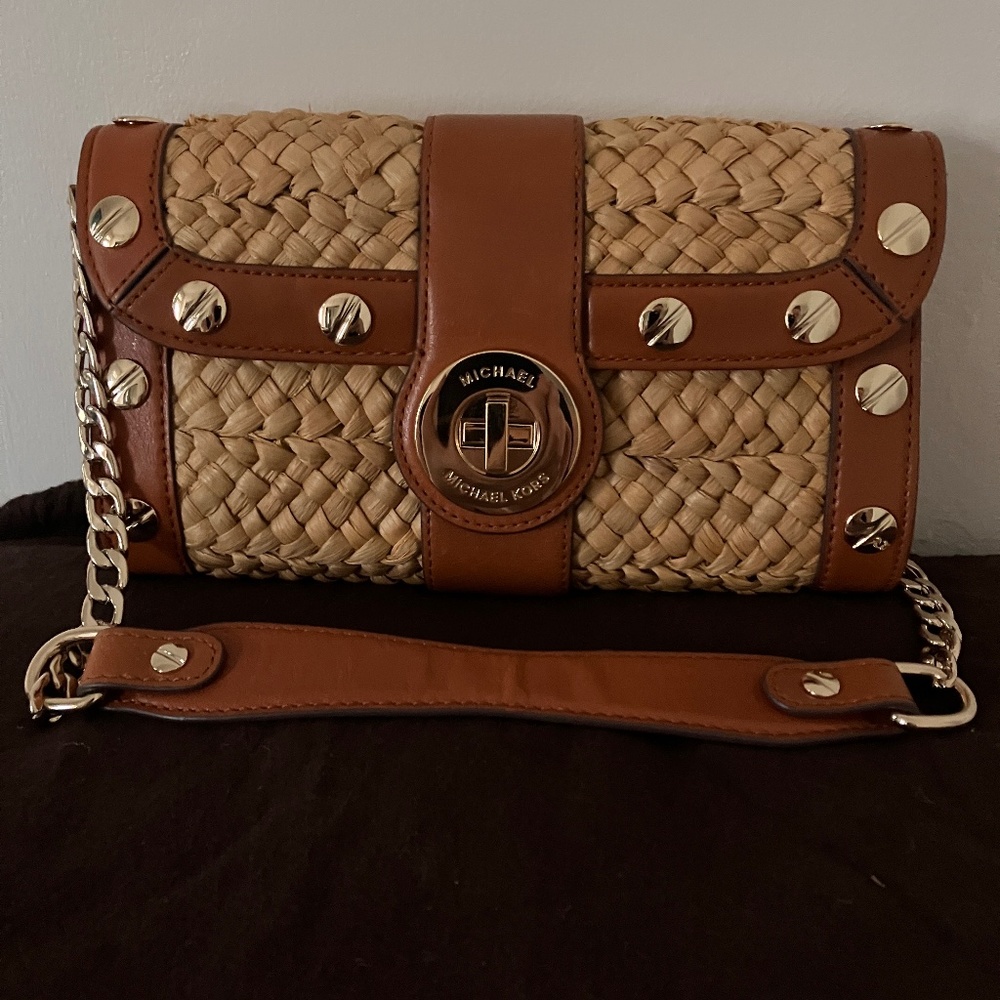 NEW Michael Kors COGNAC LEATHER & RAFFIA CLUTCH